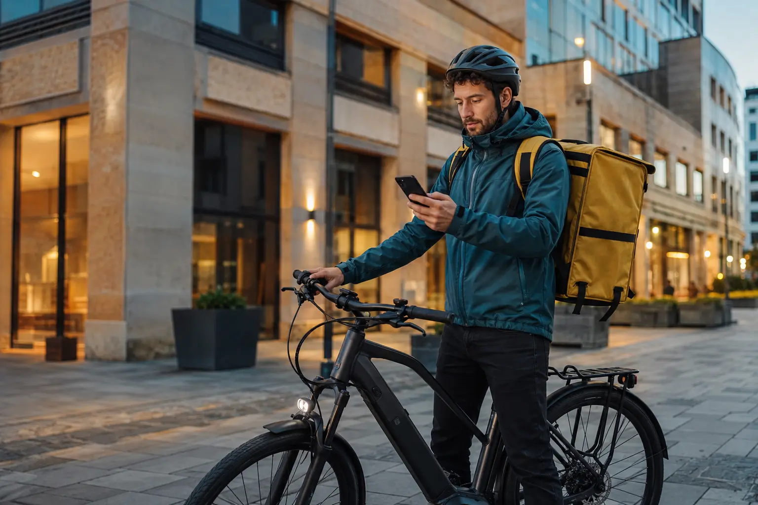 Kuriér s elektrickým bicyklom počas rozvozu v modernom slovenskom meste